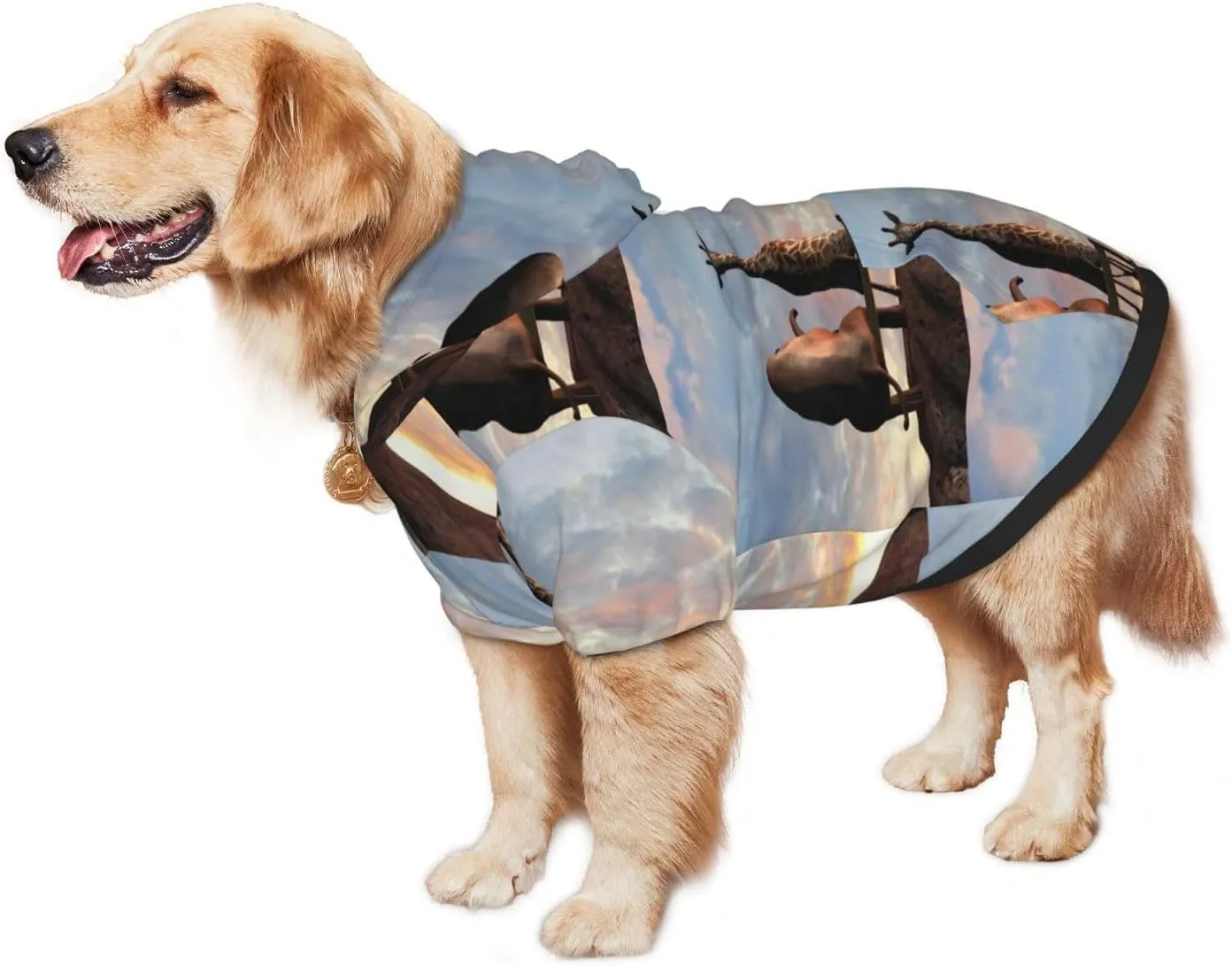 Elephant Giraffe On A Mountain Top Sunset Dog Hoodie Soft and Warm Dog Hoodie Sweater with Leash Hole and Pocket Dog Winter Sweatshirt Warm Pet Clothes for Medium Large Dogs