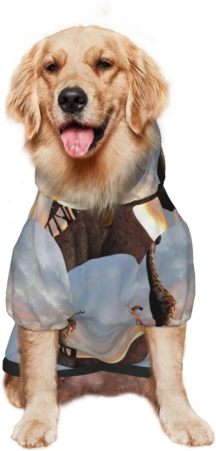 Elephant Giraffe On A Mountain Top Sunset Dog Hoodie Soft and Warm Dog Hoodie Sweater with Leash Hole and Pocket Dog Winter Sweatshirt Warm Pet Clothes for Medium Large Dogs