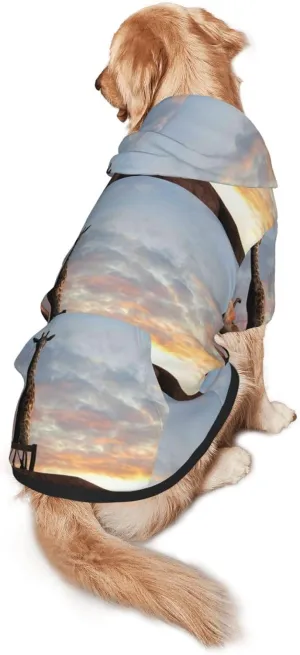 Elephant Giraffe On A Mountain Top Sunset Dog Hoodie Soft and Warm Dog Hoodie Sweater with Leash Hole and Pocket Dog Winter Sweatshirt Warm Pet Clothes for Medium Large Dogs