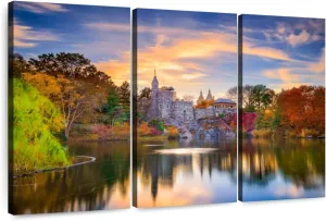 Elephant Stock - Belvedere Castle Autumn Wall Art - Horizontal Multi Panel Canvas - 3 Piece Living Room Wall Decor - Photography Places Multi Piece Wall Art - Brown And Green Decor - 45" x 28"