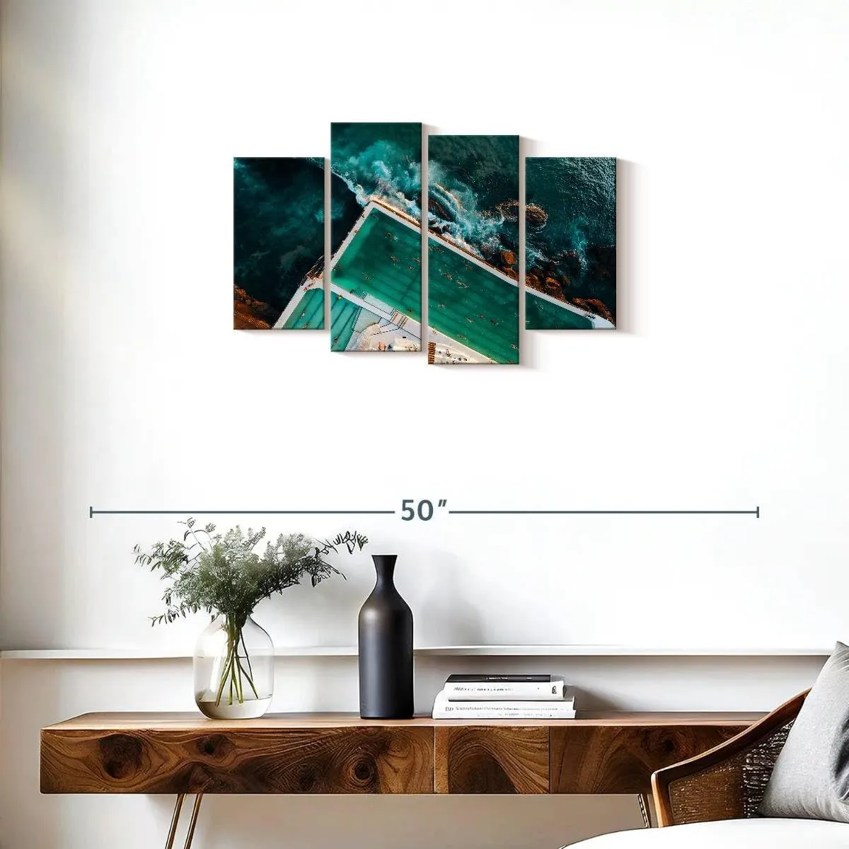 Elephant Stock - Bondi Icebergs Club Wall Art - Horizontal Multi Panel Canvas - 4 Piece Living Room Wall Decor - Photography Beach Multi Piece Wall Art - Black And Teal Decor - 30" x 18"