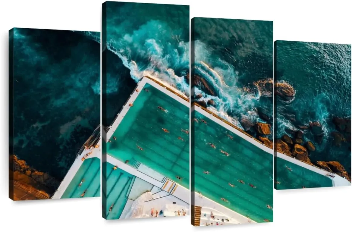 Elephant Stock - Bondi Icebergs Club Wall Art - Horizontal Multi Panel Canvas - 4 Piece Living Room Wall Decor - Photography Beach Multi Piece Wall Art - Black And Teal Decor - 30" x 18"