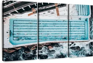 Elephant Stock - Bondi Icebergs Swimming Pool Wall Art - Horizontal Multi Panel Canvas - 3 Piece Living Room Wall Decor - Photography Beach Multi Piece Wall Art - Blue And Black Decor - 33" x 20"