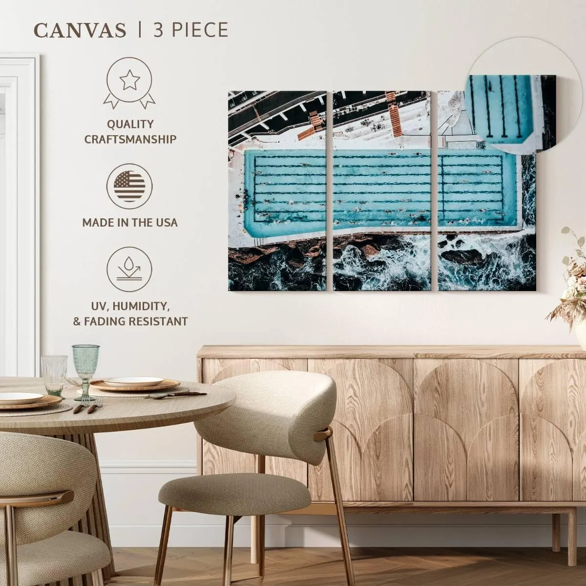 Elephant Stock - Bondi Icebergs Swimming Pool Wall Art - Horizontal Multi Panel Canvas - 3 Piece Living Room Wall Decor - Photography Beach Multi Piece Wall Art - Blue And Black Decor - 33" x 20"