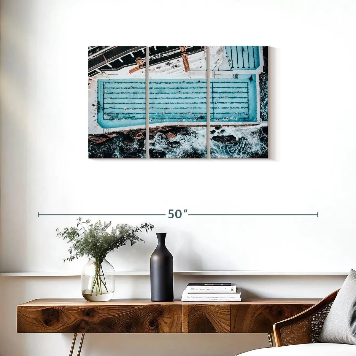 Elephant Stock - Bondi Icebergs Swimming Pool Wall Art - Horizontal Multi Panel Canvas - 3 Piece Living Room Wall Decor - Photography Beach Multi Piece Wall Art - Blue And Black Decor - 33" x 20"