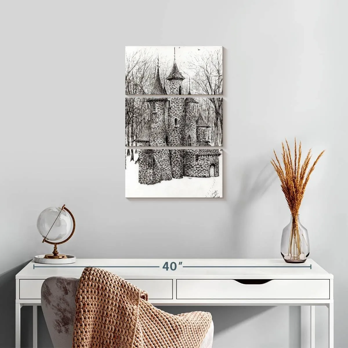 Elephant Stock - Gatehouse Of The Castle In Forest Of Findhorn Wall Art - Vertical Multi Panel Canvas - 3 Piece Living Room Wall Decor - Drawing Castles Multi Piece Wall Art - White And Gray Decor by Vincent Alexander Booth - 14" x 23"