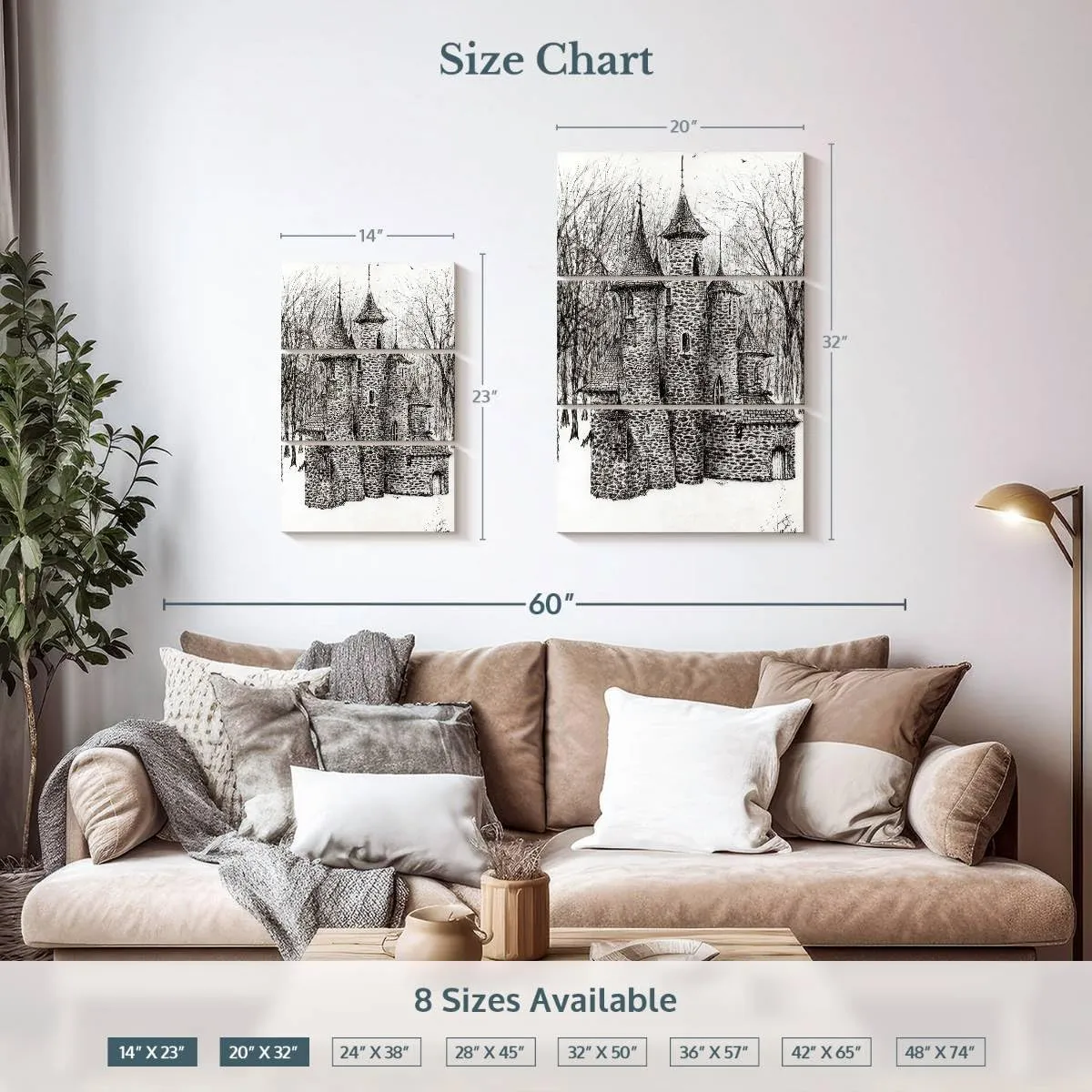 Elephant Stock - Gatehouse Of The Castle In Forest Of Findhorn Wall Art - Vertical Multi Panel Canvas - 3 Piece Living Room Wall Decor - Drawing Castles Multi Piece Wall Art - White And Gray Decor by Vincent Alexander Booth - 14" x 23"