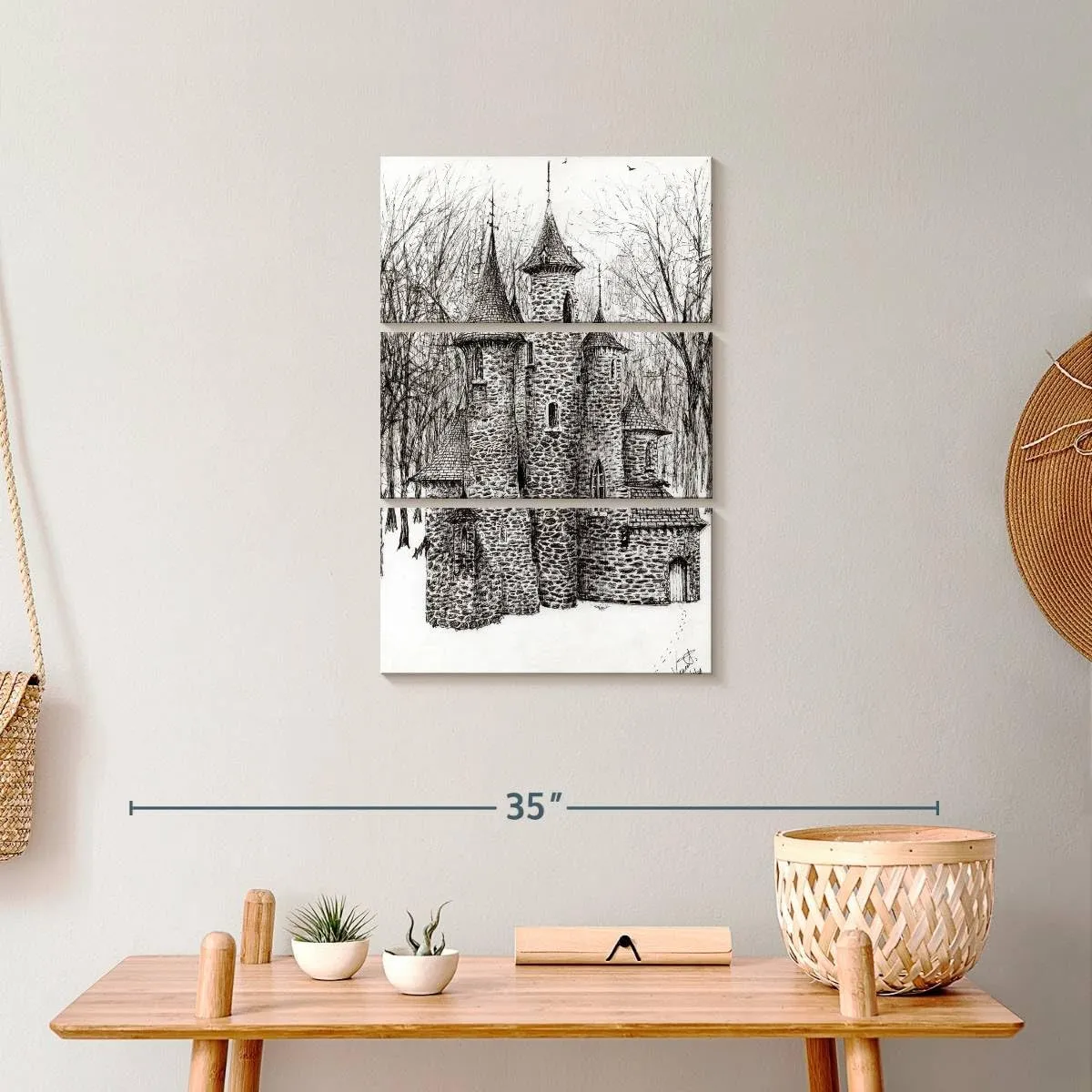 Elephant Stock - Gatehouse Of The Castle In Forest Of Findhorn Wall Art - Vertical Multi Panel Canvas - 3 Piece Living Room Wall Decor - Drawing Castles Multi Piece Wall Art - White And Gray Decor by Vincent Alexander Booth - 14" x 23"