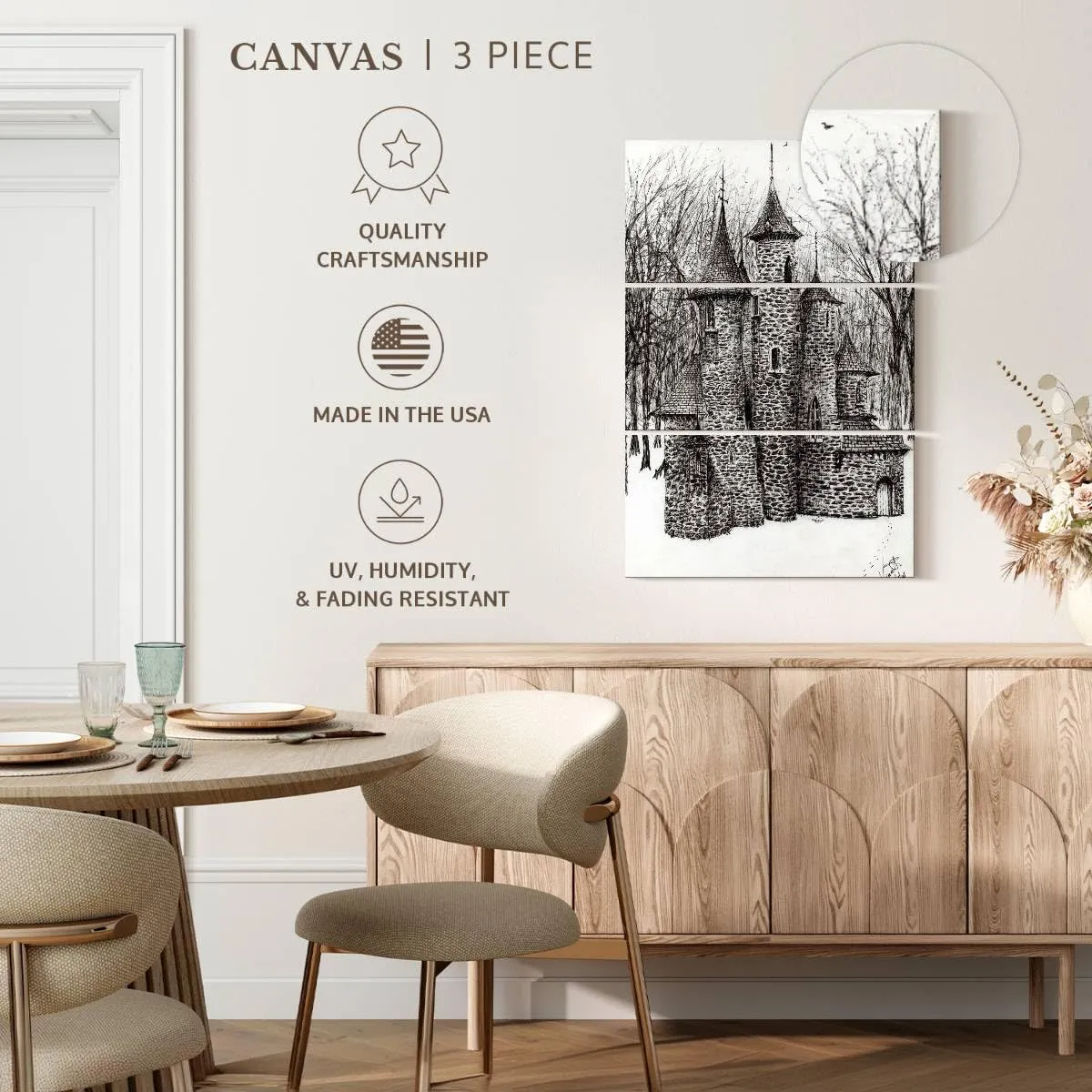 Elephant Stock - Gatehouse Of The Castle In Forest Of Findhorn Wall Art - Vertical Multi Panel Canvas - 3 Piece Living Room Wall Decor - Drawing Castles Multi Piece Wall Art - White And Gray Decor by Vincent Alexander Booth - 14" x 23"