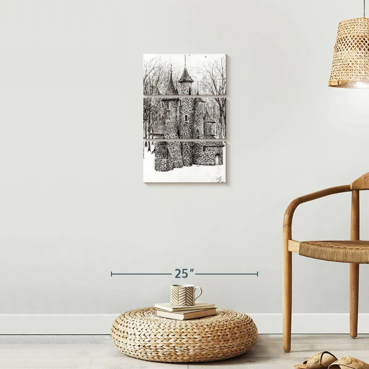 Elephant Stock - Gatehouse Of The Castle In Forest Of Findhorn Wall Art - Vertical Multi Panel Canvas - 3 Piece Living Room Wall Decor - Drawing Castles Multi Piece Wall Art - White And Gray Decor by Vincent Alexander Booth - 14" x 23"