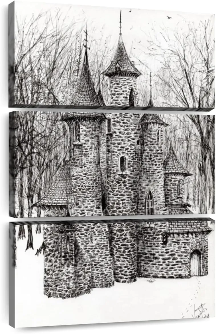 Elephant Stock - Gatehouse Of The Castle In Forest Of Findhorn Wall Art - Vertical Multi Panel Canvas - 3 Piece Living Room Wall Decor - Drawing Castles Multi Piece Wall Art - White And Gray Decor by Vincent Alexander Booth - 14" x 23"