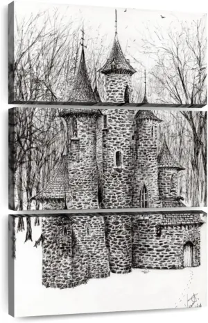 Elephant Stock - Gatehouse Of The Castle In Forest Of Findhorn Wall Art - Vertical Multi Panel Canvas - 3 Piece Living Room Wall Decor - Drawing Castles Multi Piece Wall Art - White And Gray Decor by Vincent Alexander Booth - 14" x 23"