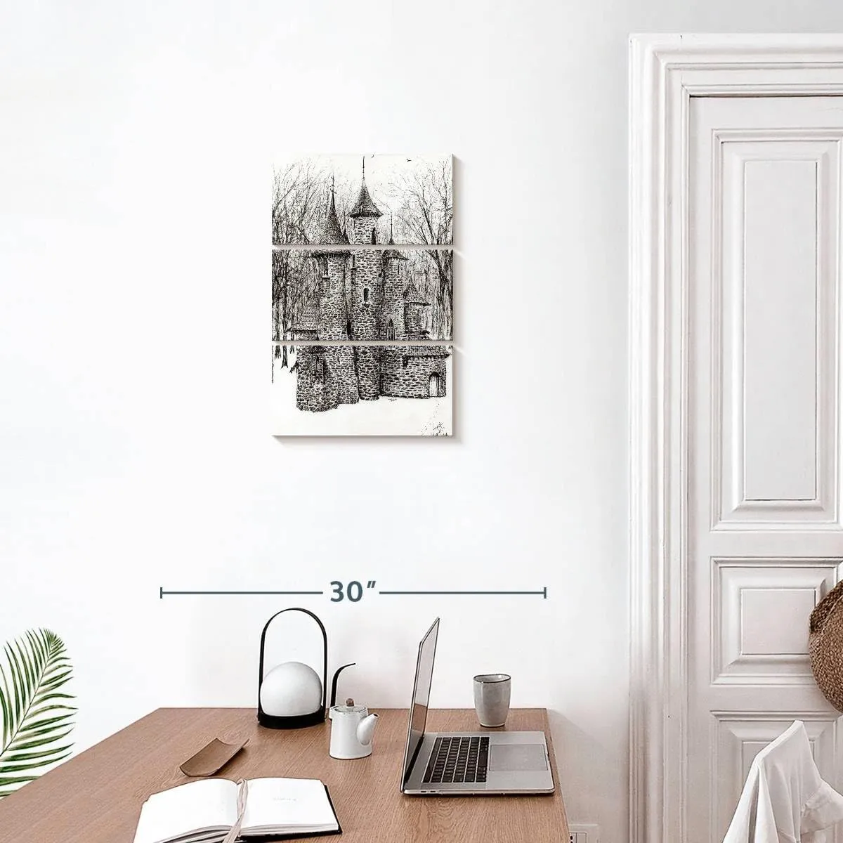Elephant Stock - Gatehouse Of The Castle In Forest Of Findhorn Wall Art - Vertical Multi Panel Canvas - 3 Piece Living Room Wall Decor - Drawing Castles Multi Piece Wall Art - White And Gray Decor by Vincent Alexander Booth - 14" x 23"