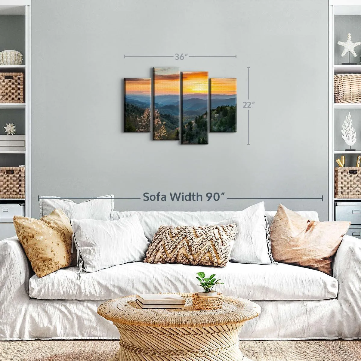 Elephant Stock Great Smoky Mountains Sunrise Multi Piece Canvas - 4 Panel Wall Art - Mountains Wall Decor for Nature Lovers - Majestic Photography - 36" X 22