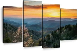 Elephant Stock Great Smoky Mountains Sunrise Multi Piece Canvas - 4 Panel Wall Art - Mountains Wall Decor for Nature Lovers - Majestic Photography - 36" X 22