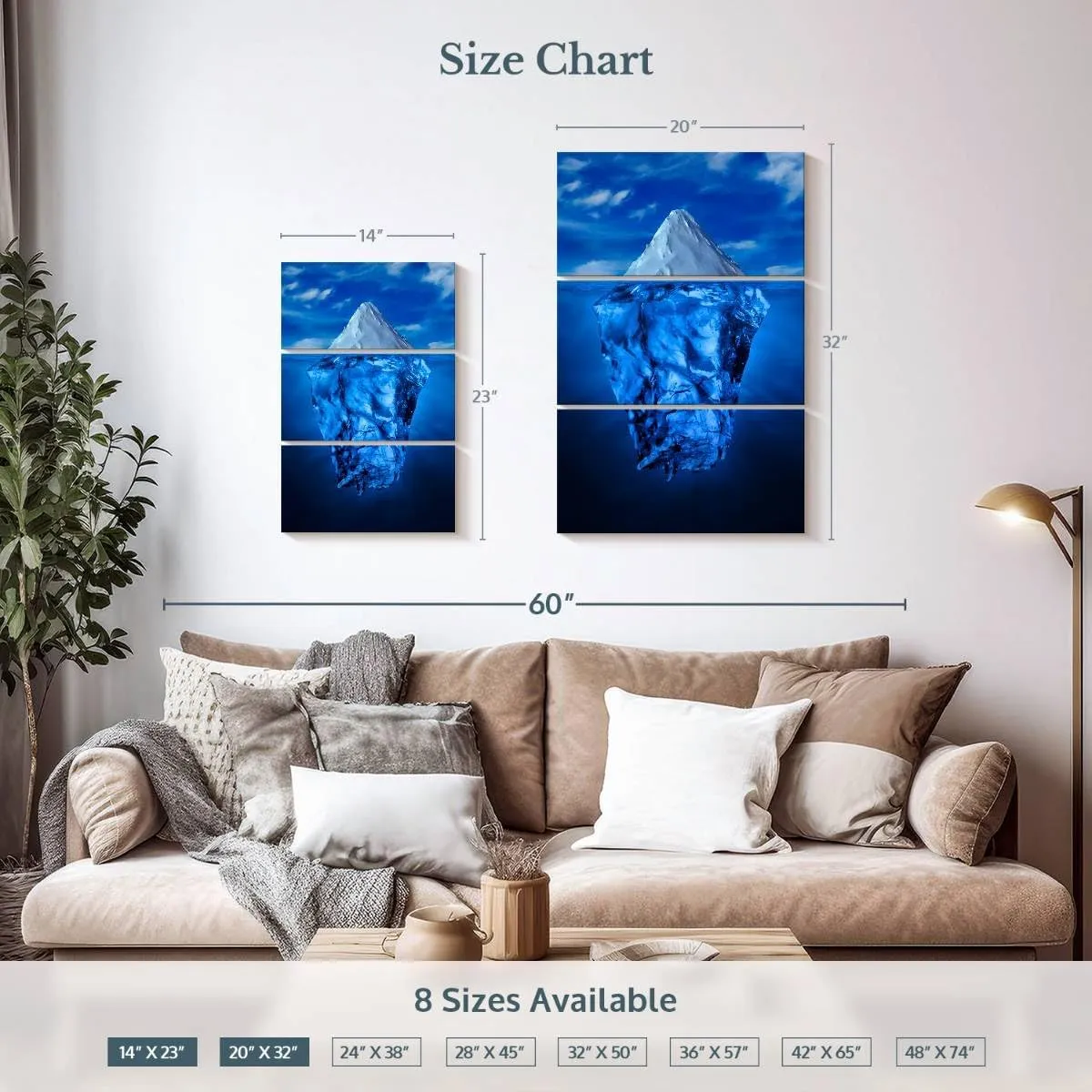 Elephant Stock - Iceberg Water Line Wall Art - Vertical Multi Panel Canvas - 3 Piece Living Room Wall Decor - Photography Nature Multi Piece Wall Art - Blue And Decor - 20" x 32"
