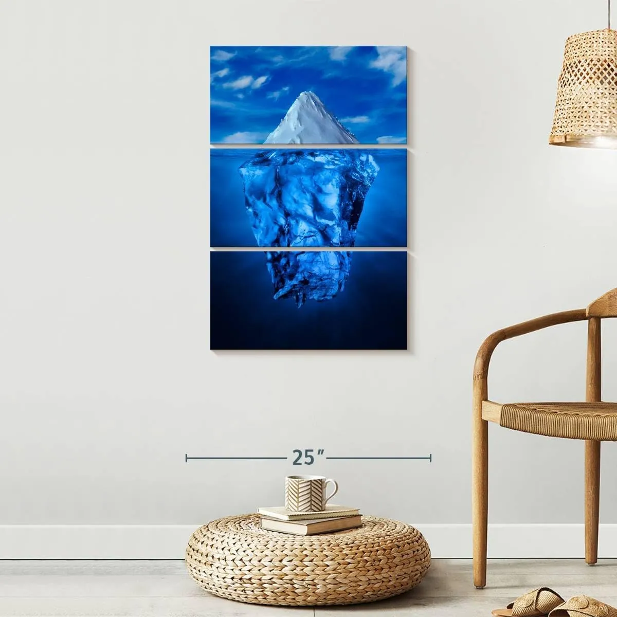 Elephant Stock - Iceberg Water Line Wall Art - Vertical Multi Panel Canvas - 3 Piece Living Room Wall Decor - Photography Nature Multi Piece Wall Art - Blue And Decor - 20" x 32"