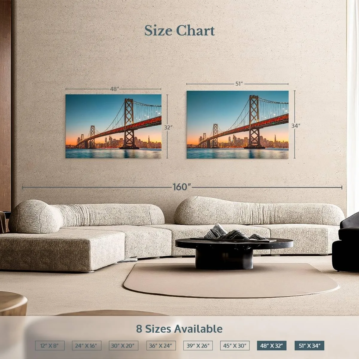 Elephant Stock - Illuminated Oakland Bay Bridge Wall Art - Horizontal Canvas Wall Art - Living Room Wall Decor - Photography Places Canvas Art - Gray And Blue Decor - 51" x 34"