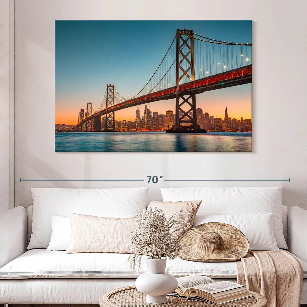 Elephant Stock - Illuminated Oakland Bay Bridge Wall Art - Horizontal Canvas Wall Art - Living Room Wall Decor - Photography Places Canvas Art - Gray And Blue Decor - 51" x 34"