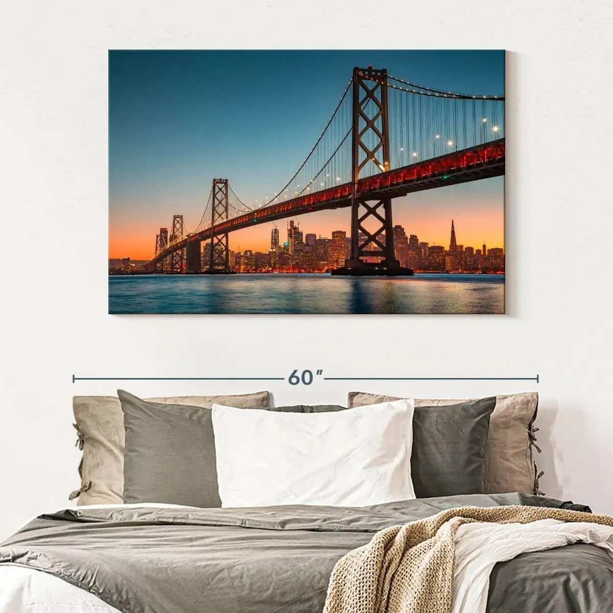 Elephant Stock - Illuminated Oakland Bay Bridge Wall Art - Horizontal Canvas Wall Art - Living Room Wall Decor - Photography Places Canvas Art - Gray And Blue Decor - 51" x 34"