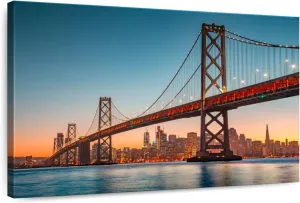 Elephant Stock - Illuminated Oakland Bay Bridge Wall Art - Horizontal Canvas Wall Art - Living Room Wall Decor - Photography Places Canvas Art - Gray And Blue Decor - 51" x 34"