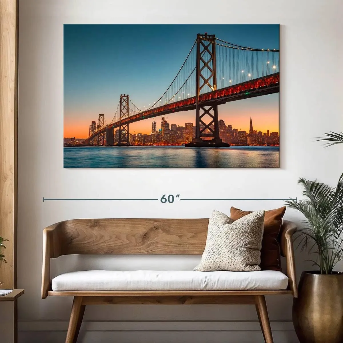 Elephant Stock - Illuminated Oakland Bay Bridge Wall Art - Horizontal Canvas Wall Art - Living Room Wall Decor - Photography Places Canvas Art - Gray And Blue Decor - 51" x 34"