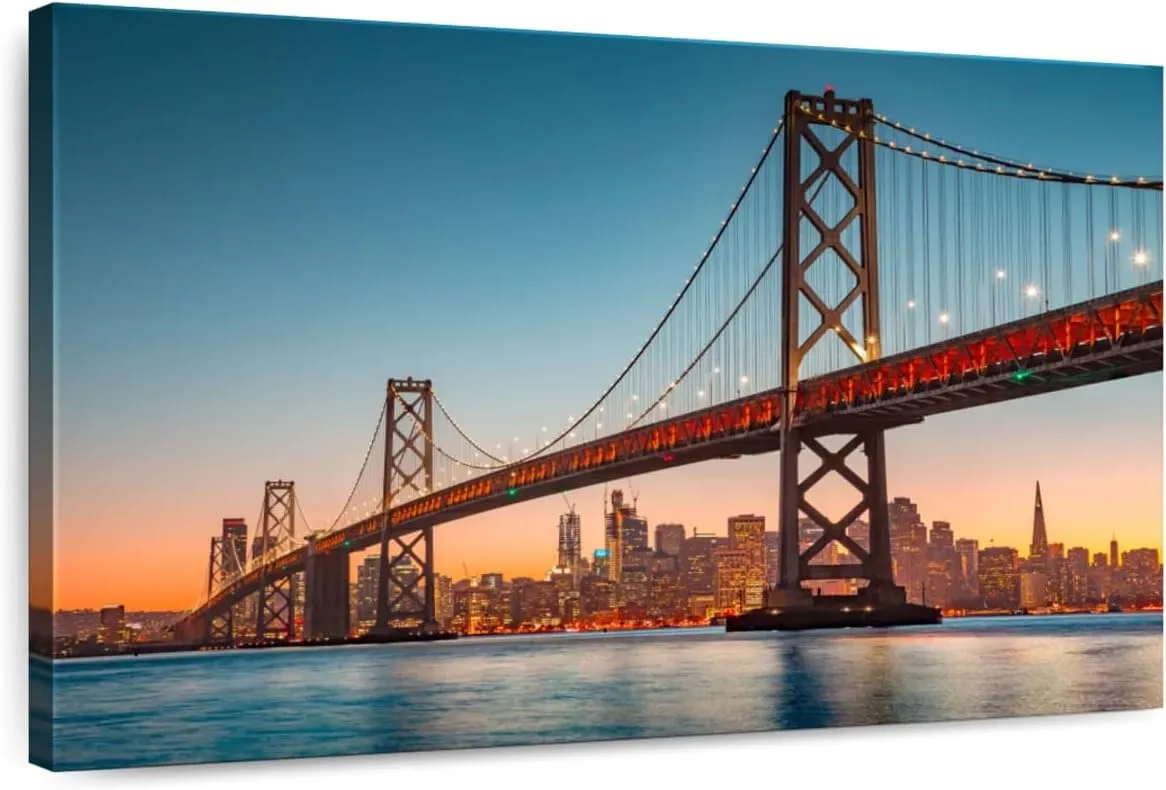 Elephant Stock - Illuminated Oakland Bay Bridge Wall Art - Horizontal Canvas Wall Art - Living Room Wall Decor - Photography Places Canvas Art - Gray And Blue Decor - 51" x 34"