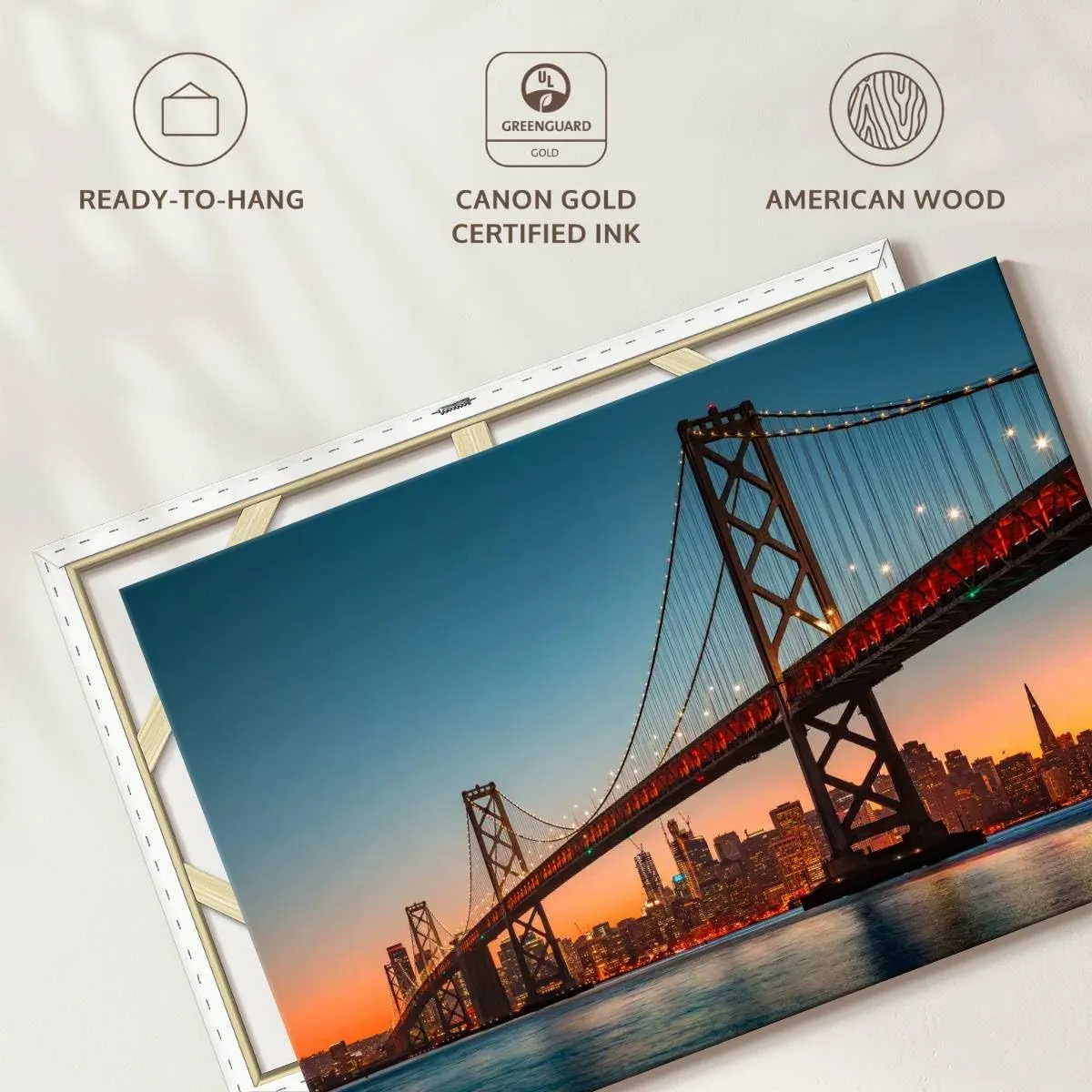 Elephant Stock - Illuminated Oakland Bay Bridge Wall Art - Horizontal Canvas Wall Art - Living Room Wall Decor - Photography Places Canvas Art - Gray And Blue Decor - 51" x 34"