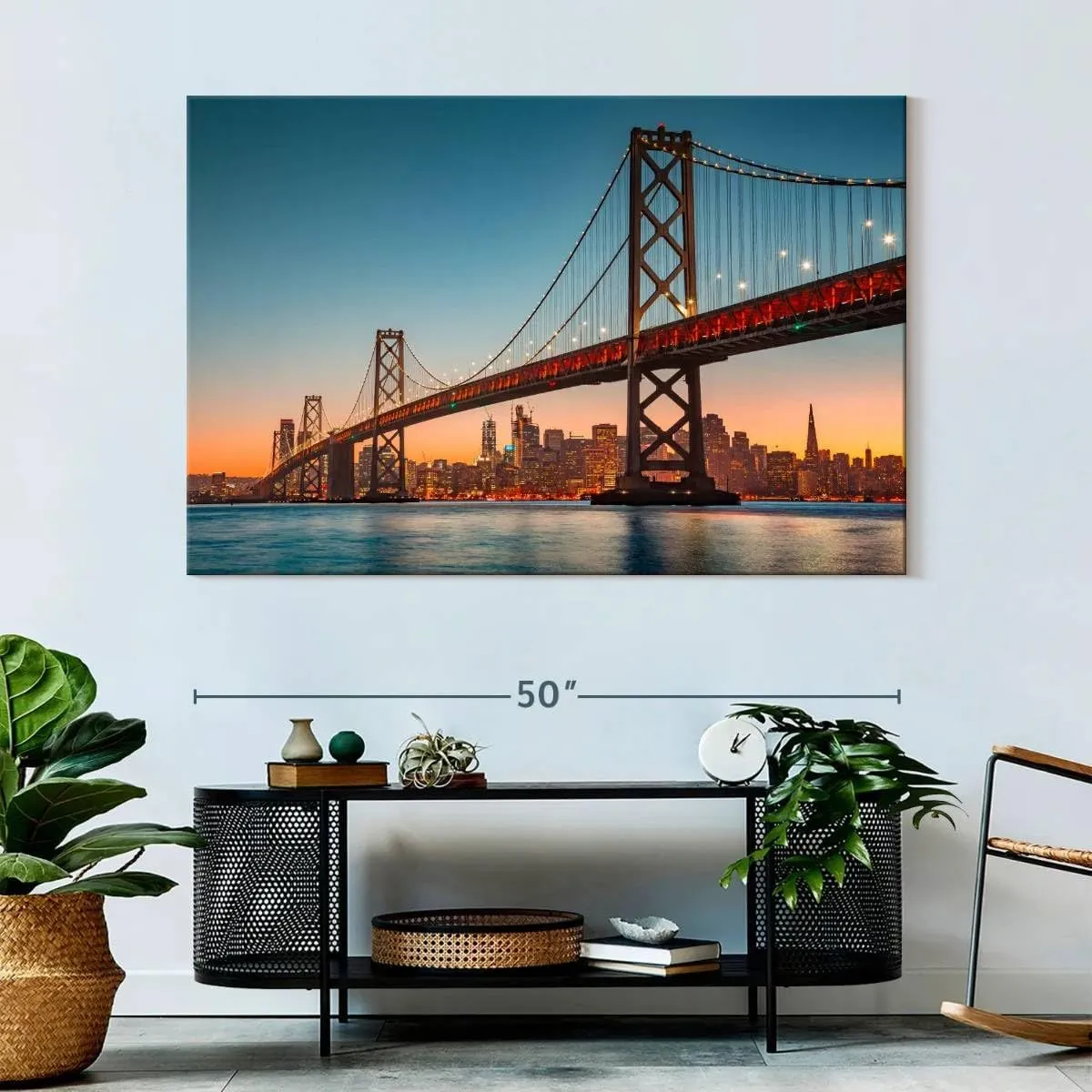 Elephant Stock - Illuminated Oakland Bay Bridge Wall Art - Horizontal Canvas Wall Art - Living Room Wall Decor - Photography Places Canvas Art - Gray And Blue Decor - 51" x 34"