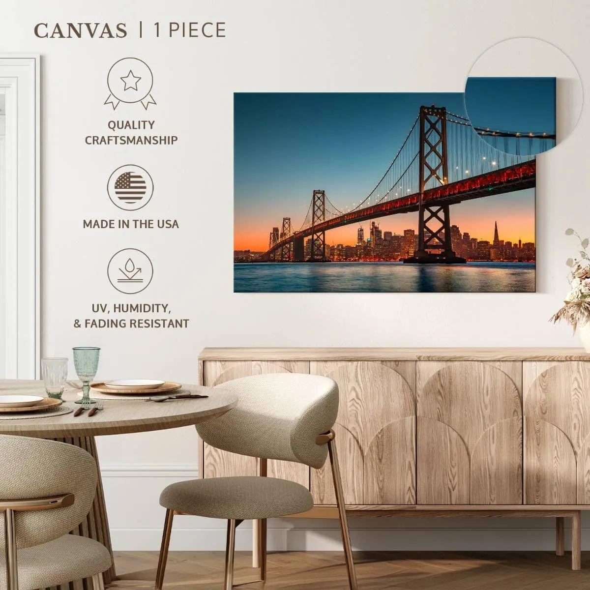 Elephant Stock - Illuminated Oakland Bay Bridge Wall Art - Horizontal Canvas Wall Art - Living Room Wall Decor - Photography Places Canvas Art - Gray And Blue Decor - 51" x 34"