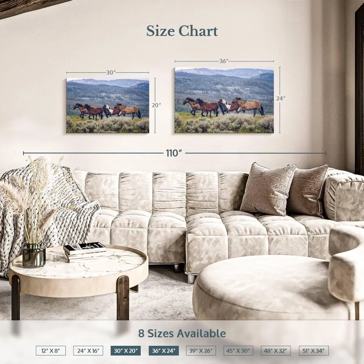 Elephant Stock - Mountain Horses Wall Art - Horizontal Canvas Wall Art - Living Room Wall Decor - Photography Animal Canvas Art - Blue And Beige Decor - 30" x 20"