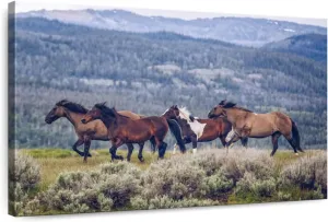 Elephant Stock - Mountain Horses Wall Art - Horizontal Canvas Wall Art - Living Room Wall Decor - Photography Animal Canvas Art - Blue And Beige Decor - 30" x 20"