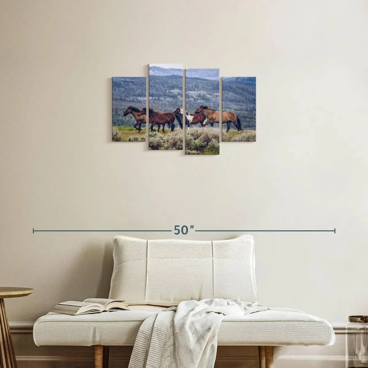 Elephant Stock - Mountain Horses Wall Art - Horizontal Multi Panel Canvas - 4 Piece Living Room Wall Decor - Photography Animal Multi Piece Wall Art - Blue And Beige Decor - 30" x 18"