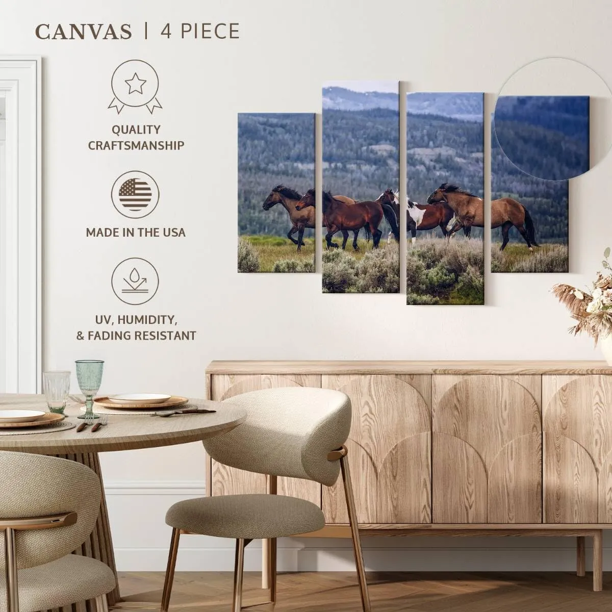 Elephant Stock - Mountain Horses Wall Art - Horizontal Multi Panel Canvas - 4 Piece Living Room Wall Decor - Photography Animal Multi Piece Wall Art - Blue And Beige Decor - 30" x 18"