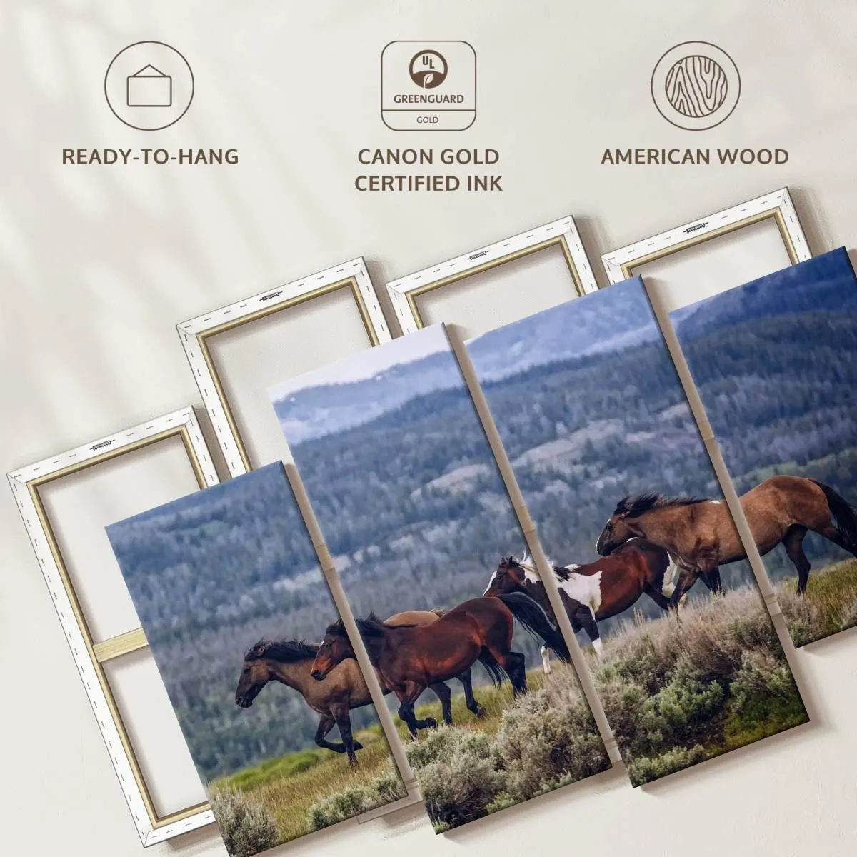 Elephant Stock - Mountain Horses Wall Art - Horizontal Multi Panel Canvas - 4 Piece Living Room Wall Decor - Photography Animal Multi Piece Wall Art - Blue And Beige Decor - 30" x 18"