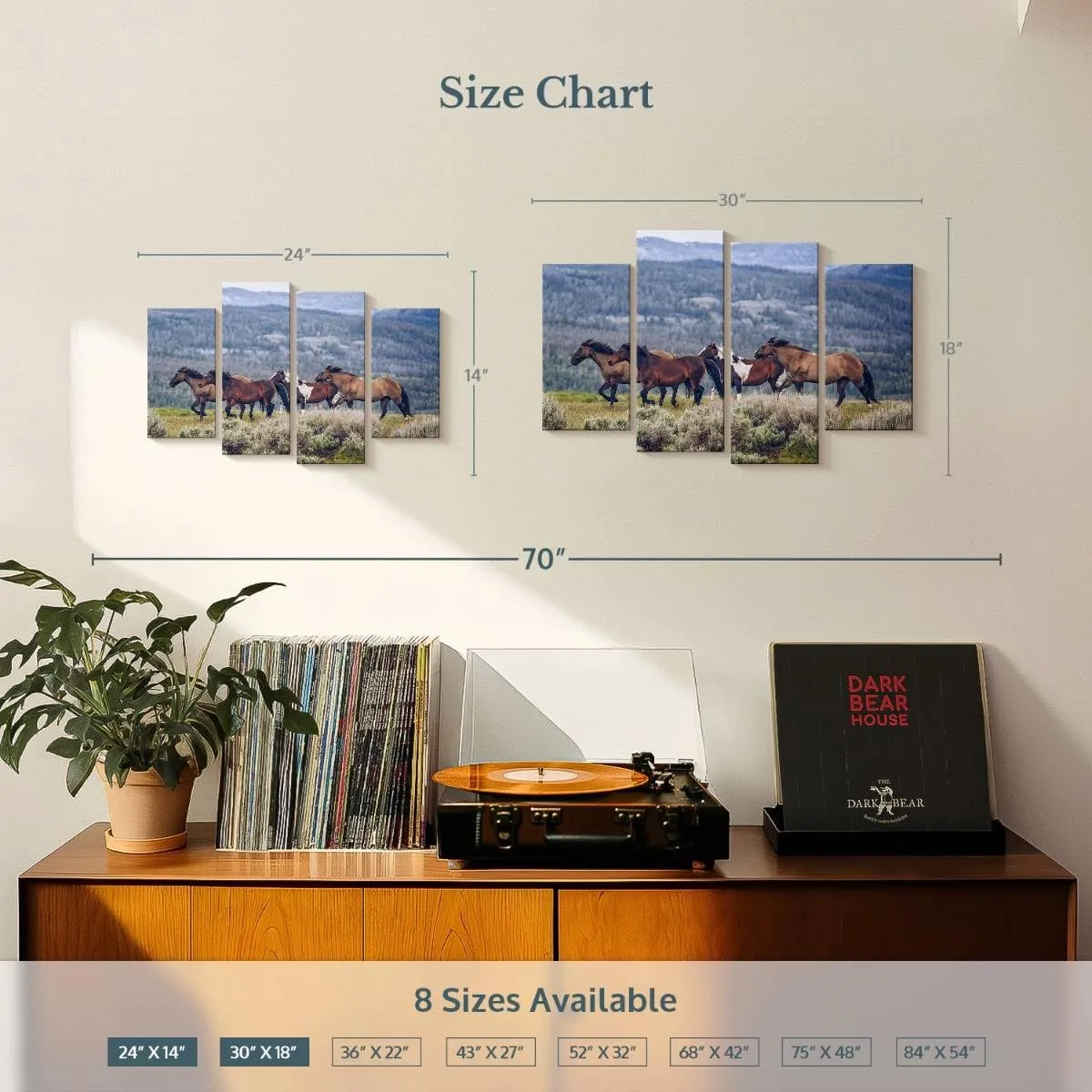 Elephant Stock - Mountain Horses Wall Art - Horizontal Multi Panel Canvas - 4 Piece Living Room Wall Decor - Photography Animal Multi Piece Wall Art - Blue And Beige Decor - 30" x 18"
