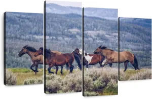 Elephant Stock - Mountain Horses Wall Art - Horizontal Multi Panel Canvas - 4 Piece Living Room Wall Decor - Photography Animal Multi Piece Wall Art - Blue And Beige Decor - 30" x 18"