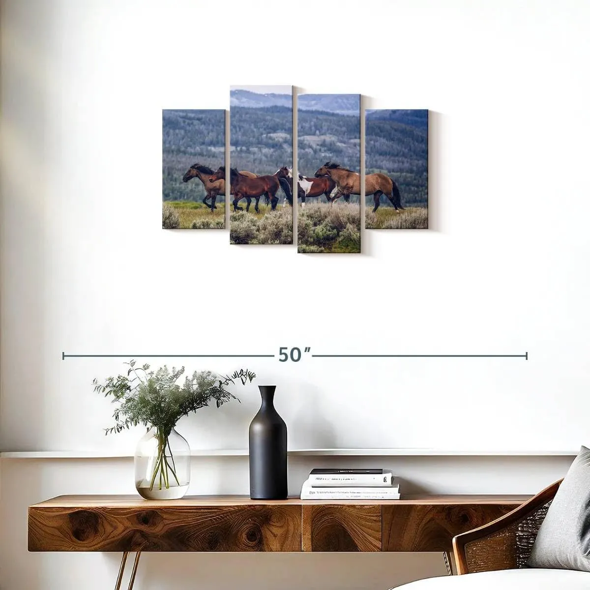 Elephant Stock - Mountain Horses Wall Art - Horizontal Multi Panel Canvas - 4 Piece Living Room Wall Decor - Photography Animal Multi Piece Wall Art - Blue And Beige Decor - 30" x 18"