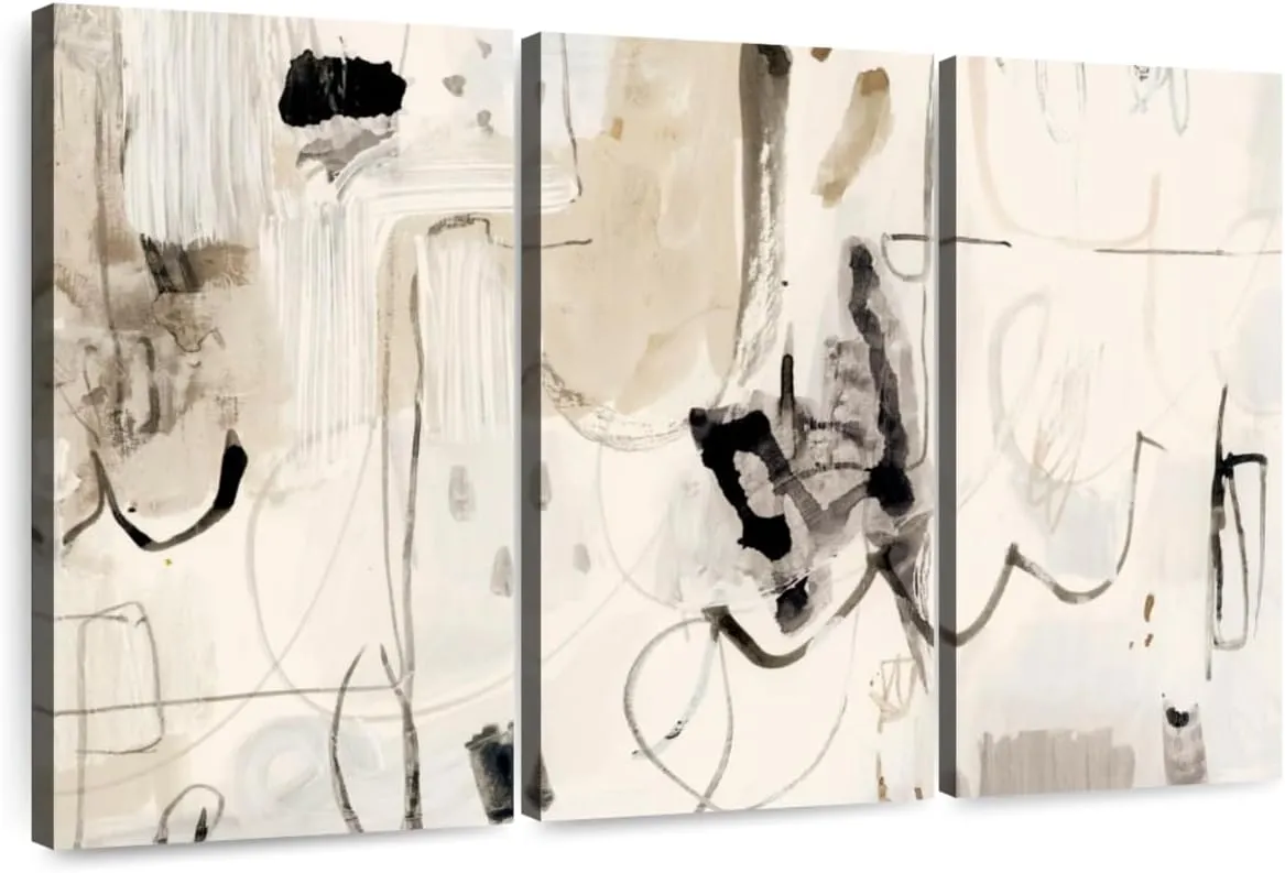 Elephant Stock - Net Neutral II Wall Art - Horizontal Multi Panel Canvas - 3 Piece Living Room Wall Decor - Painting Strokes And Lines Multi Piece Wall Art - Beige And Black Decor by Victoria Barnes - 23" x 14"