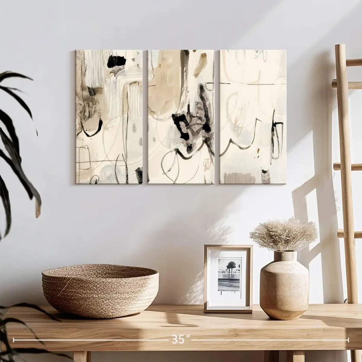Elephant Stock - Net Neutral II Wall Art - Horizontal Multi Panel Canvas - 3 Piece Living Room Wall Decor - Painting Strokes And Lines Multi Piece Wall Art - Beige And Black Decor by Victoria Barnes - 23" x 14"