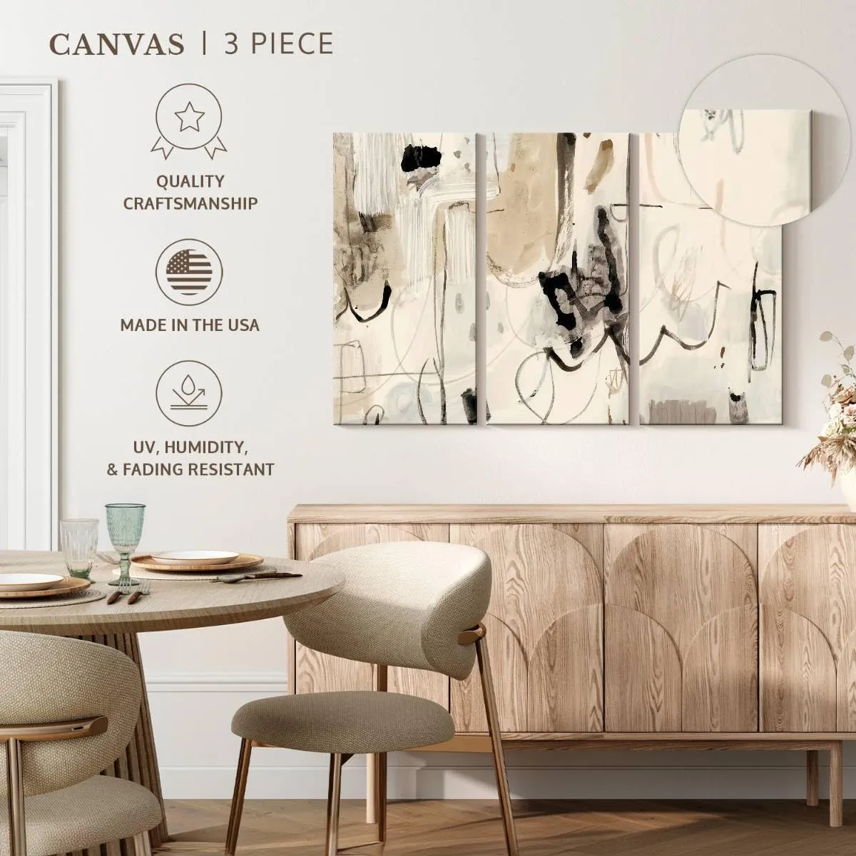 Elephant Stock - Net Neutral II Wall Art - Horizontal Multi Panel Canvas - 3 Piece Living Room Wall Decor - Painting Strokes And Lines Multi Piece Wall Art - Beige And Black Decor by Victoria Barnes - 23" x 14"