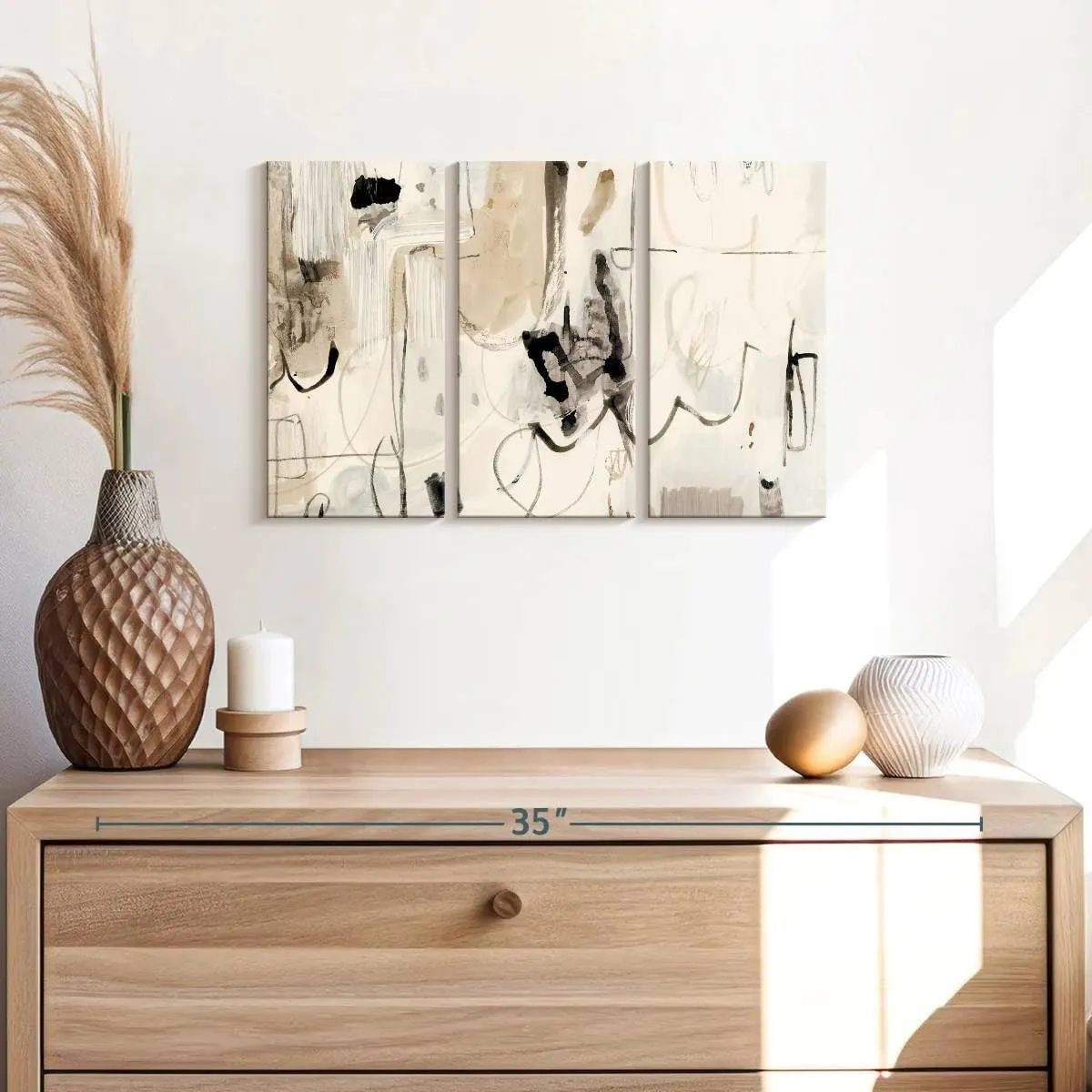 Elephant Stock - Net Neutral II Wall Art - Horizontal Multi Panel Canvas - 3 Piece Living Room Wall Decor - Painting Strokes And Lines Multi Piece Wall Art - Beige And Black Decor by Victoria Barnes - 23" x 14"