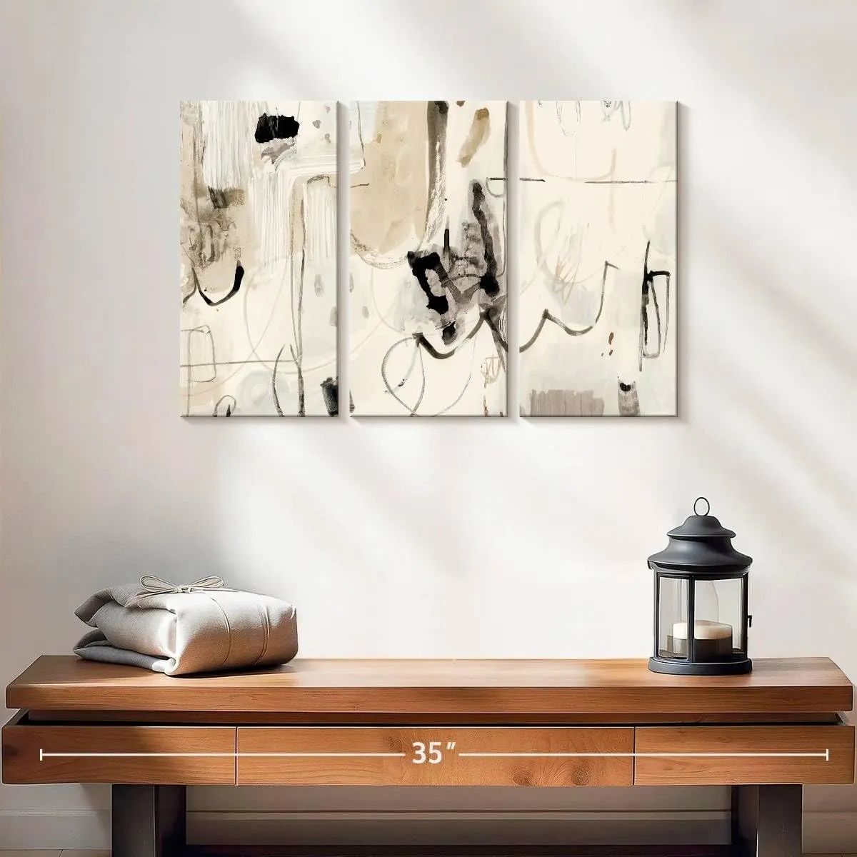 Elephant Stock - Net Neutral II Wall Art - Horizontal Multi Panel Canvas - 3 Piece Living Room Wall Decor - Painting Strokes And Lines Multi Piece Wall Art - Beige And Black Decor by Victoria Barnes - 23" x 14"