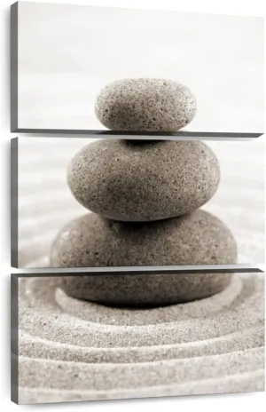 Elephant Stock - Stone Stack On Zen Garden Wall Art - Vertical Multi Panel Canvas - 3 Piece Spa Wall Decor - Photography Wellness Multi Piece Wall Art - Beige And Gray Decor - 24" x 38"