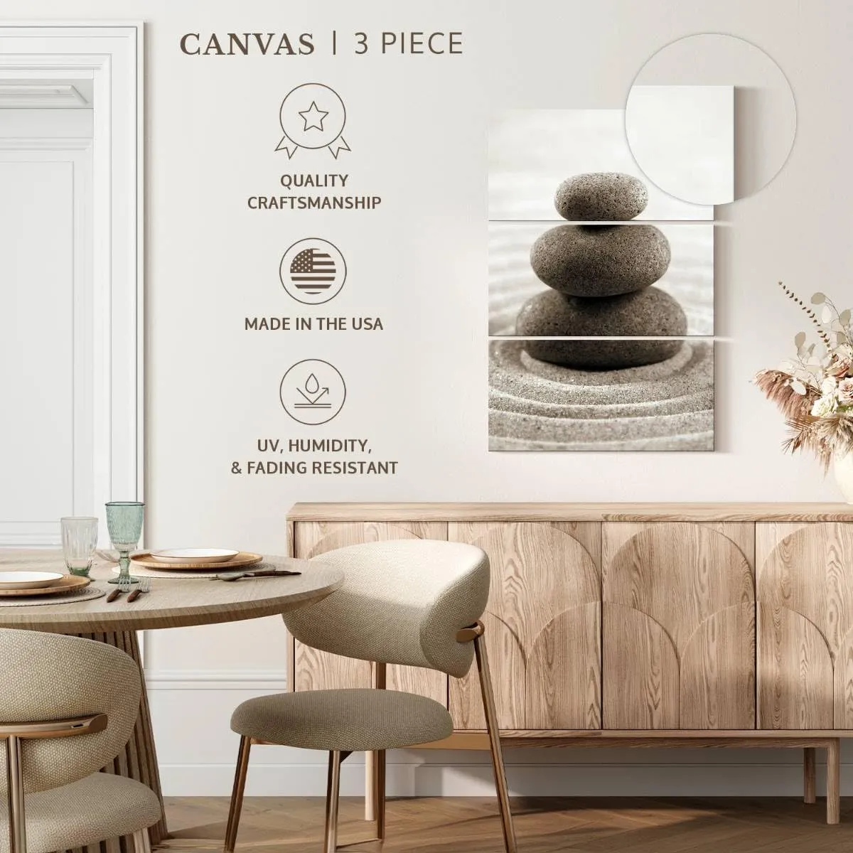 Elephant Stock - Stone Stack On Zen Garden Wall Art - Vertical Multi Panel Canvas - 3 Piece Spa Wall Decor - Photography Wellness Multi Piece Wall Art - Beige And Gray Decor - 24" x 38"