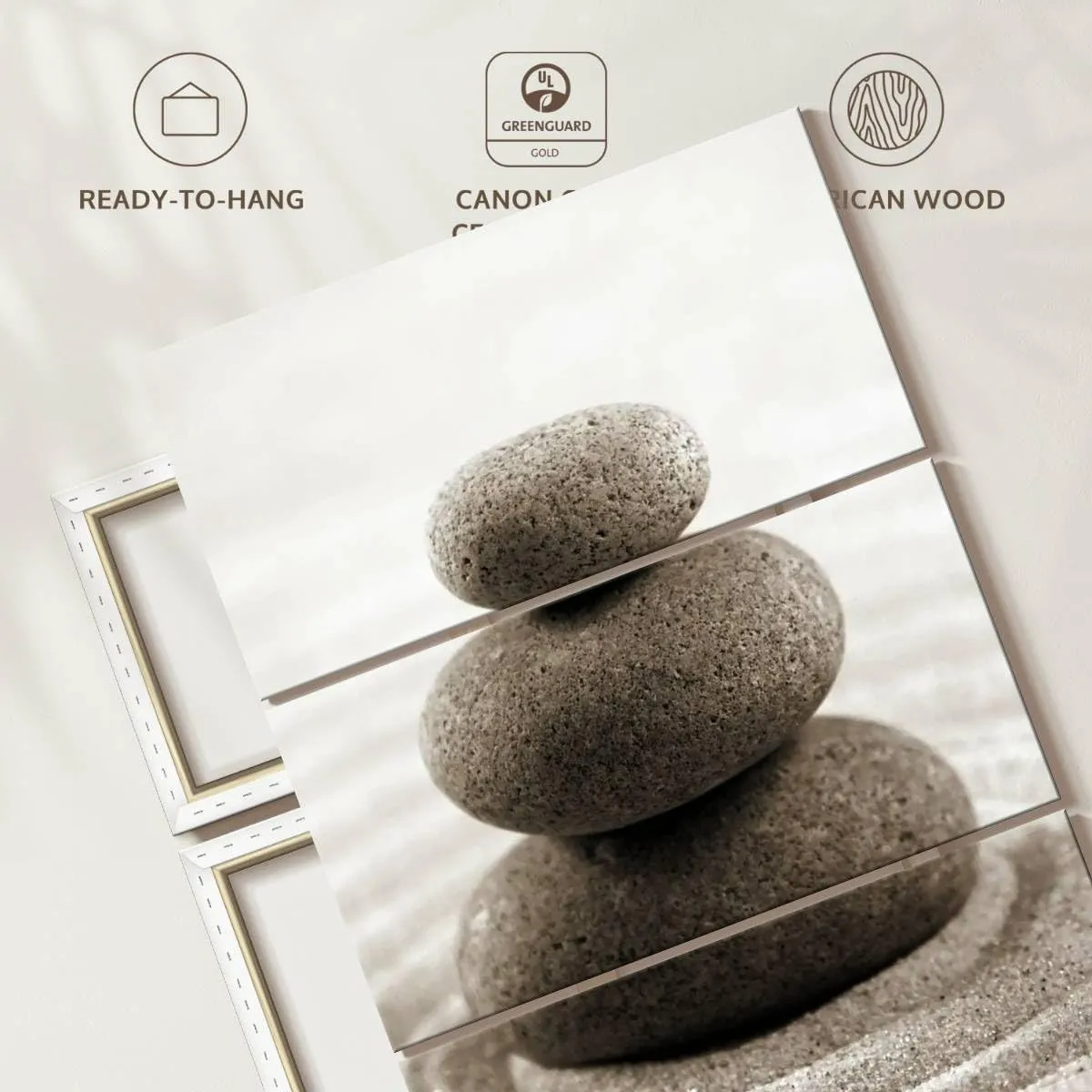 Elephant Stock - Stone Stack On Zen Garden Wall Art - Vertical Multi Panel Canvas - 3 Piece Spa Wall Decor - Photography Wellness Multi Piece Wall Art - Beige And Gray Decor - 24" x 38"