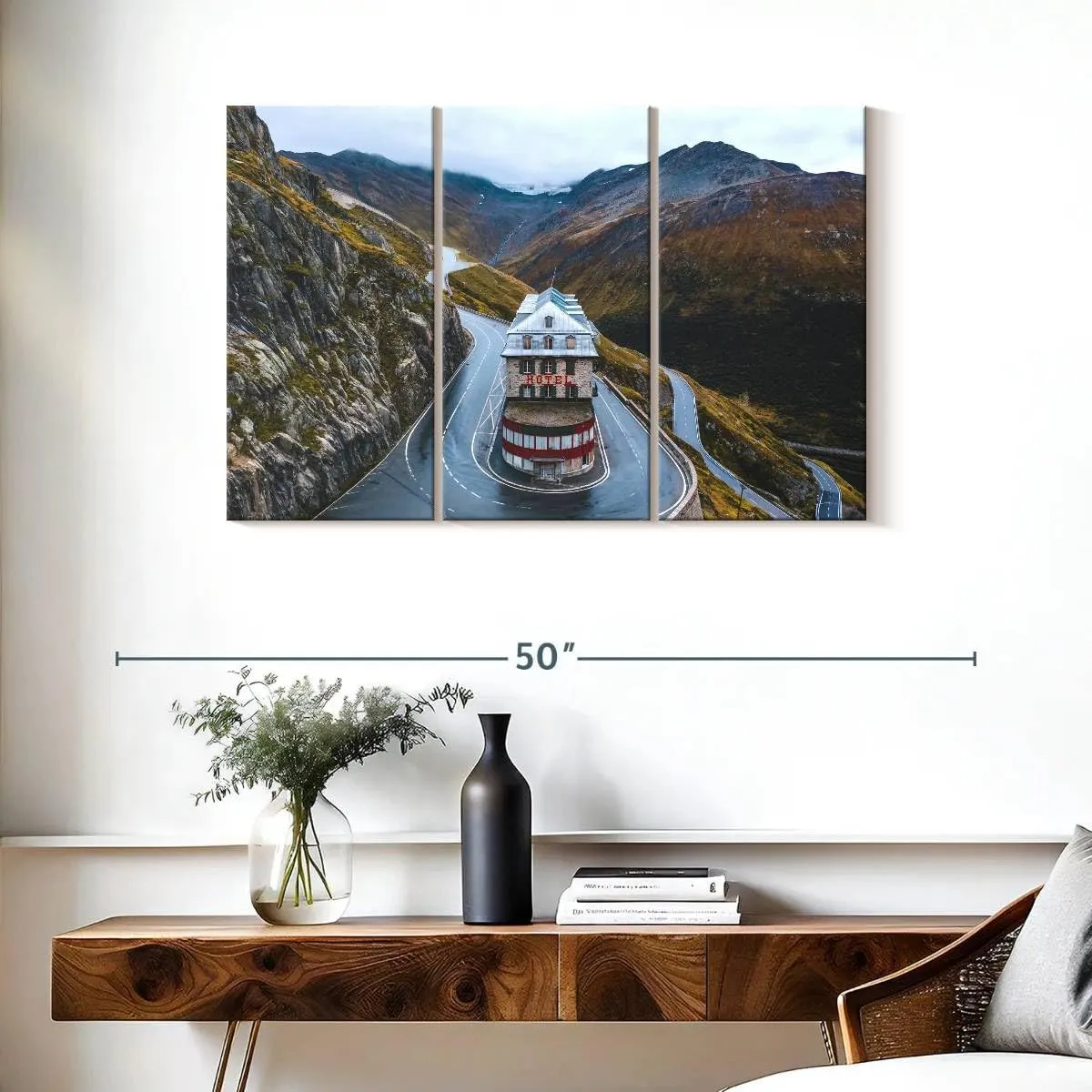 Elephant Stock - Swiss Belvedere Hotel Wall Art - Horizontal Multi Panel Canvas - 3 Piece Living Room Wall Decor - Photography Architecture Multi Piece Wall Art - Green And Gray Decor - 38" x 24"