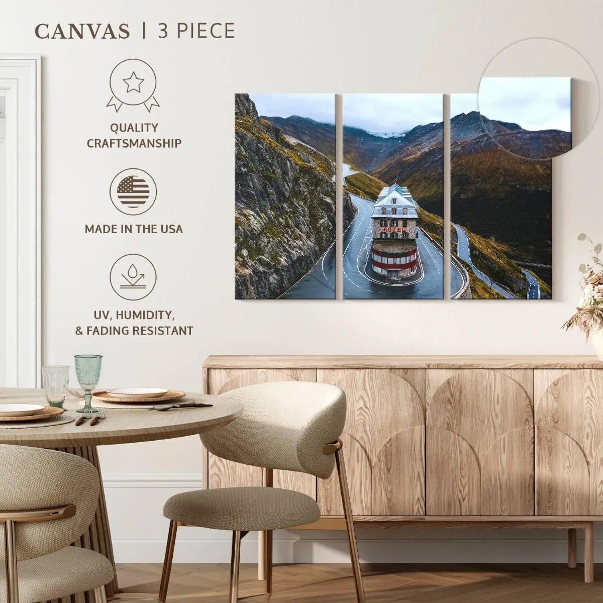 Elephant Stock - Swiss Belvedere Hotel Wall Art - Horizontal Multi Panel Canvas - 3 Piece Living Room Wall Decor - Photography Architecture Multi Piece Wall Art - Green And Gray Decor - 38" x 24"