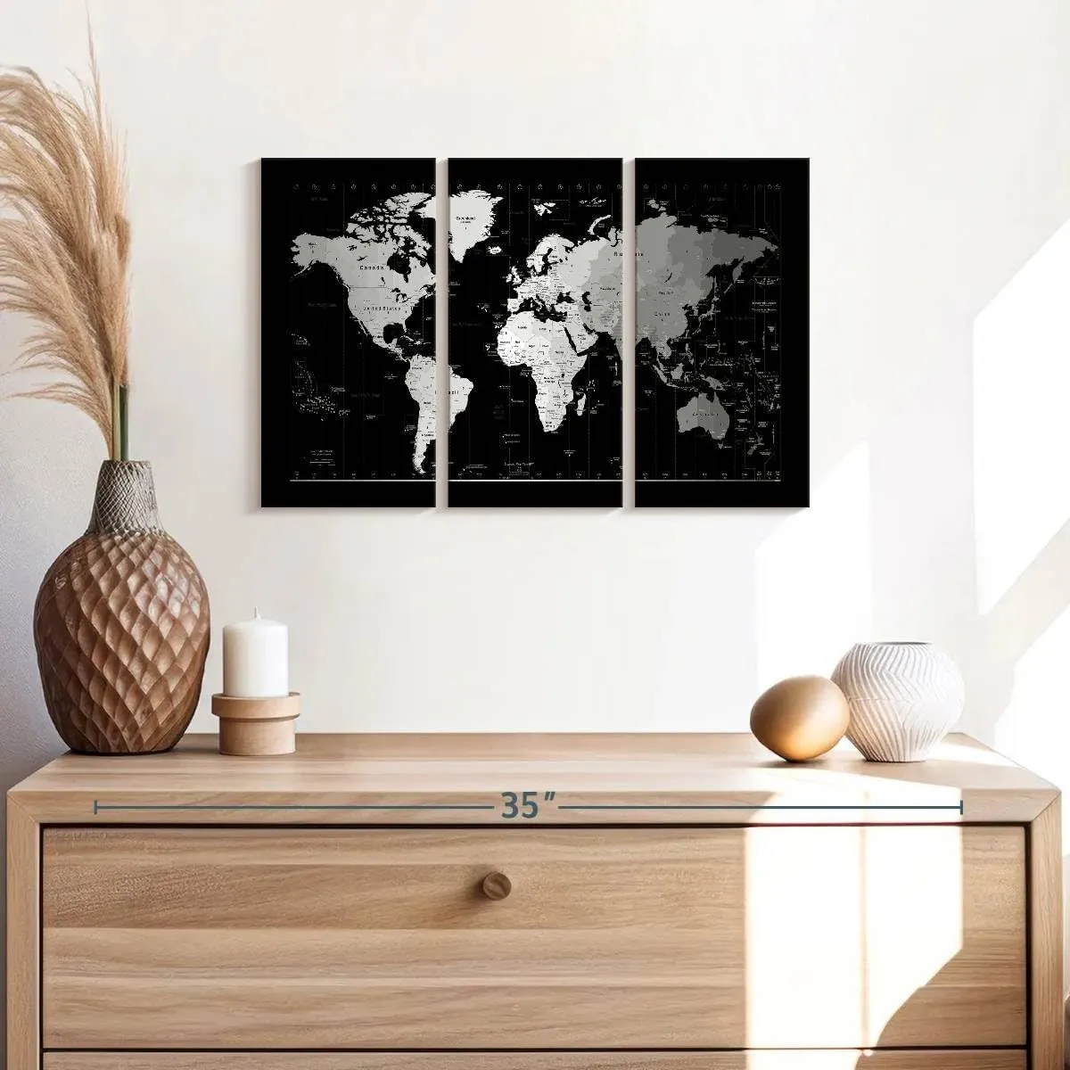 Elephant Stock - Time Zone World Map II Wall Art - Horizontal Multi Panel Canvas - 3 Piece Living Room Wall Decor - Digital Art World Map Multi Piece Wall Art - White And Gray Decor by Michael Tompsett - 23" x 14"