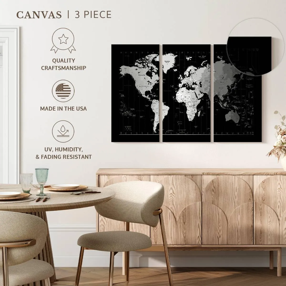 Elephant Stock - Time Zone World Map II Wall Art - Horizontal Multi Panel Canvas - 3 Piece Living Room Wall Decor - Digital Art World Map Multi Piece Wall Art - White And Gray Decor by Michael Tompsett - 23" x 14"